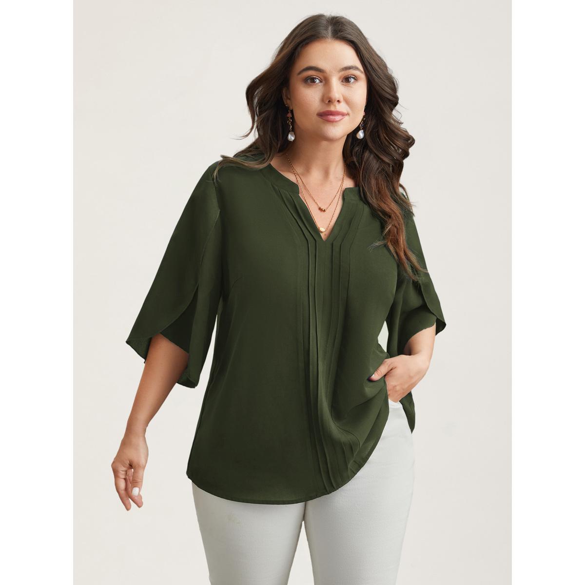 Plus Size ArmyGreen Petal Sleeve Toothpick Pleats Shirt Women At the Office Elbow-length sleeve Notched collar Work Blouses BloomChic 12/L Product Image