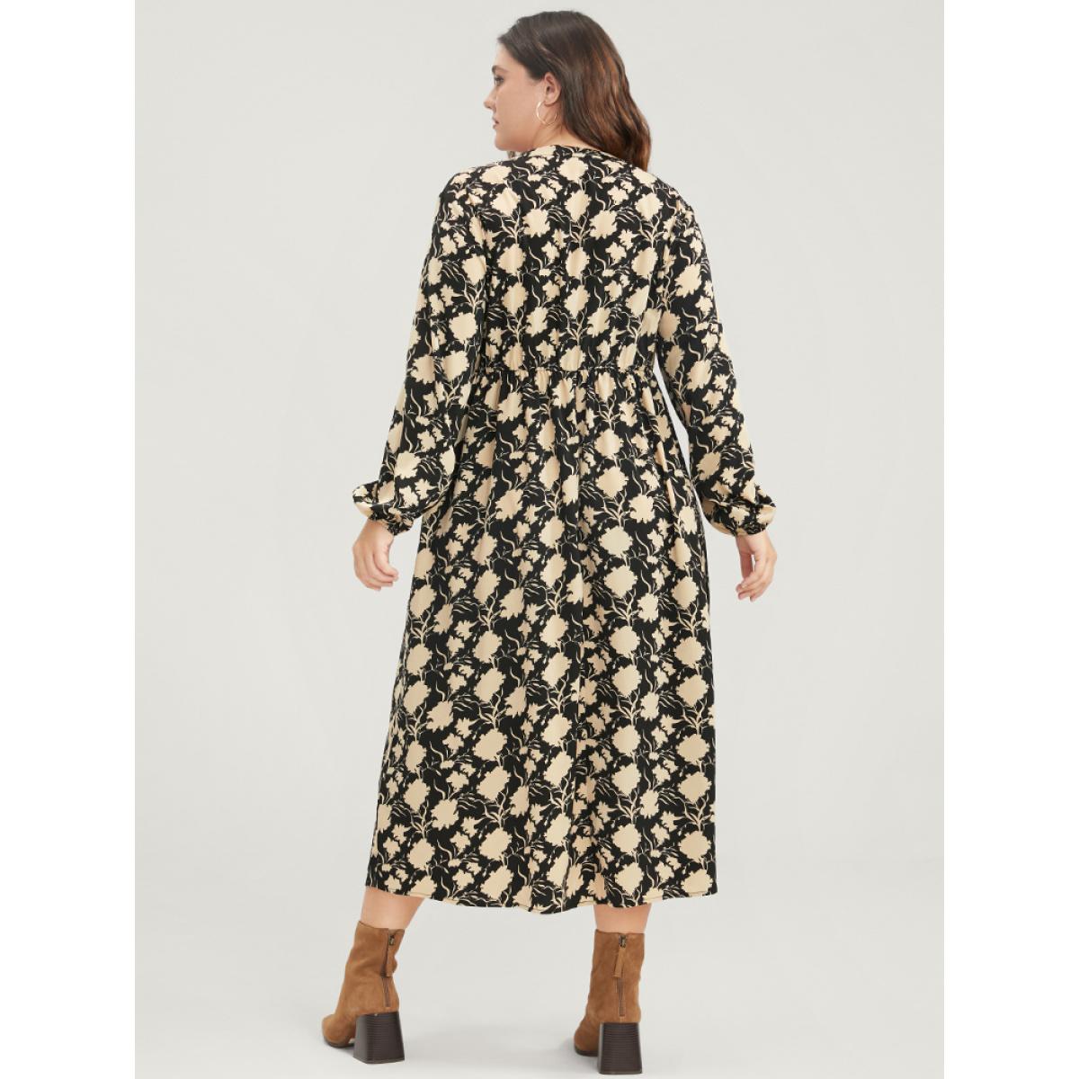 Plus Size Floral Lantern Sleeve Pocket V Neck Midi Dress Black Women Elegant Elastic Waist V-neck Long Sleeve Curvy Midi Dress BloomChic 28/5X Product Image