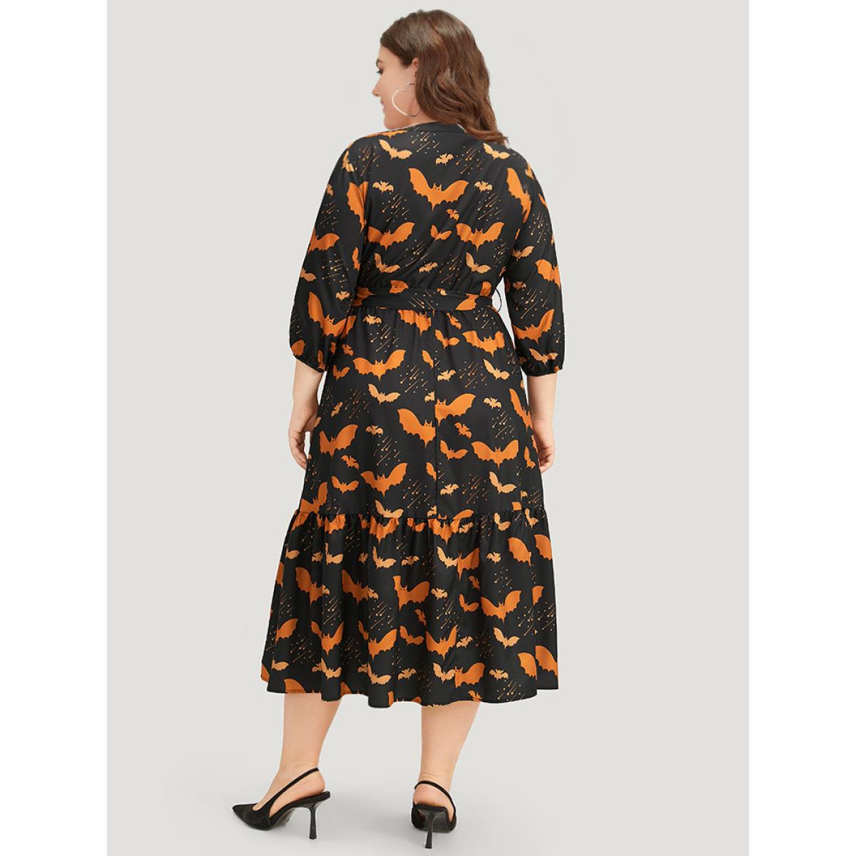 Plus Size Halloween Bat Print Notched Belted Pocket Dress Black Women Office Elastic cuffs Notched collar Elbow-length sleeve Curvy Midi Dress BloomChic 22-24/3X Product Image