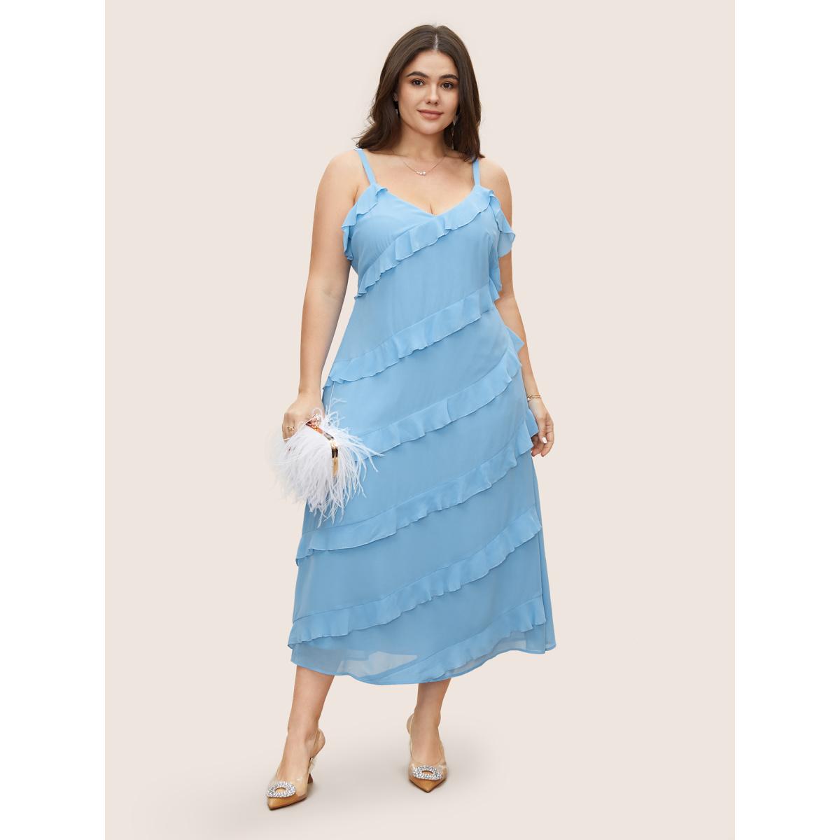 Plus Size V Neck Ruffle Trim Elastic Waist Cami Dress LightBlue Women Formal Ruffles Non Sleeveless Curvy BloomChic 10/M Product Image