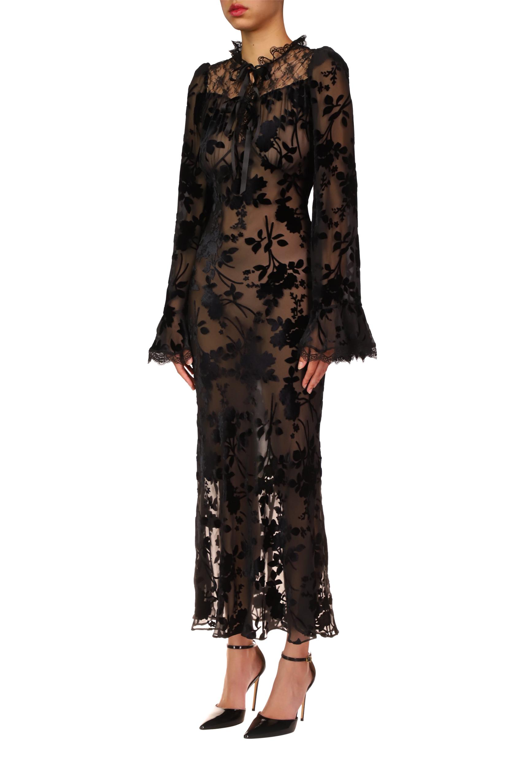 Black Burnout Velvet Bias Dress With Bell Sleeves Product Image