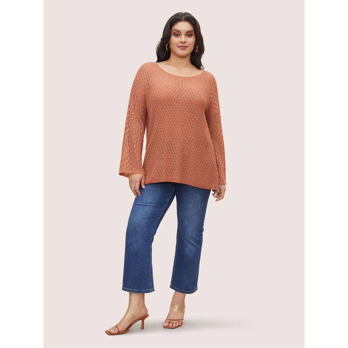 Plus Size Texture Plain Cut Out Pullover Coral Women Casual Long Sleeve Round Neck Everyday Pullovers BloomChic 10/M Product Image