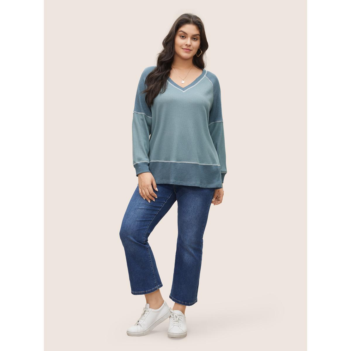 Plus Size Patchwork Texture Waffle Knit Sweatshirt Women Stone Casual Topstitching V-neck Everyday Sweatshirts BloomChic 18-20/2X Product Image