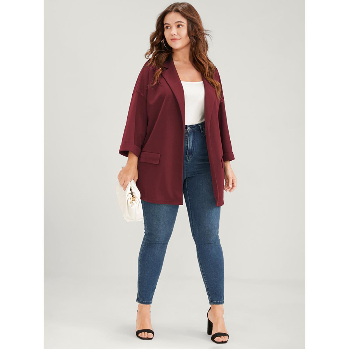 Plus Size Plain Drop Shoulder Cuffed Sleeve Pocket Blazer Burgundy Women Work Plain Pocket Sleeve Long Sleeve Lapel Collar 26/4X Pocket Office Blazers BloomChic Product Image
