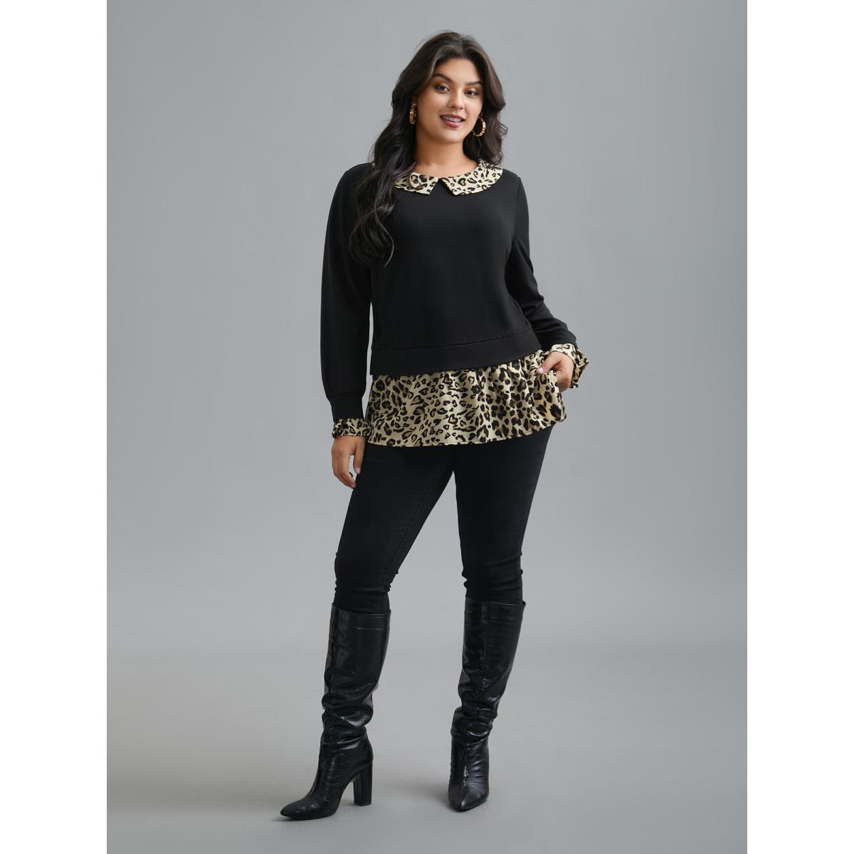 Plus Size Peter Pan Collar Leopard Print Patchwork Sweatshirt Women Black Elegant Contrast Peter Pan collar Everyday Sweatshirts BloomChic 10/M Product Image