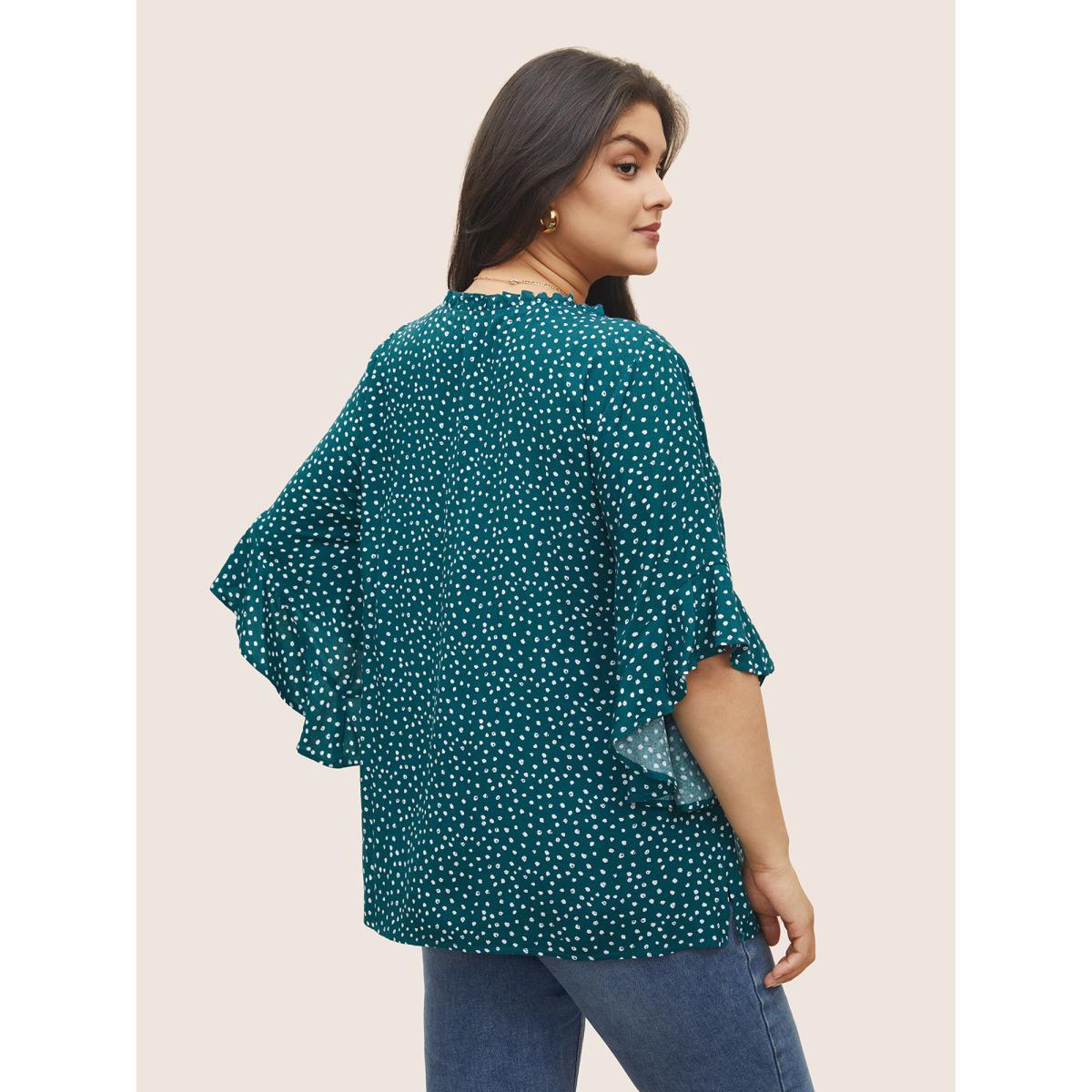 Plus Size Emerald Tie Neck Polka Dot Patchwork Ruffle Sleeve Blouse Women Elegant Half Sleeve V-neck Everyday Blouses BloomChic 12/L Product Image