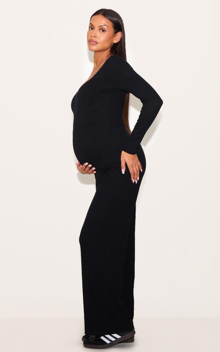 Maternity Black Rib Collar Detail Flare Leg Jumpsuit Product Image