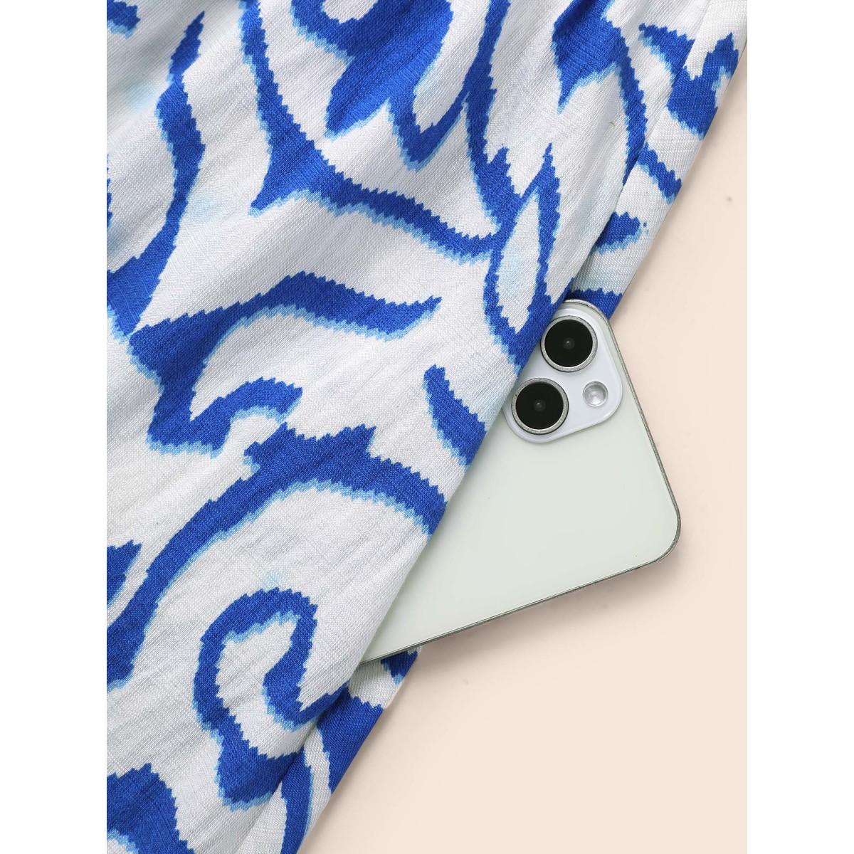 Plus Size Boho Print Button Detail Cuffed Sleeve Dress Beige Women At the Office Gathered Shirt collar Short sleeve Curvy BloomChic 18-20/2X Product Image