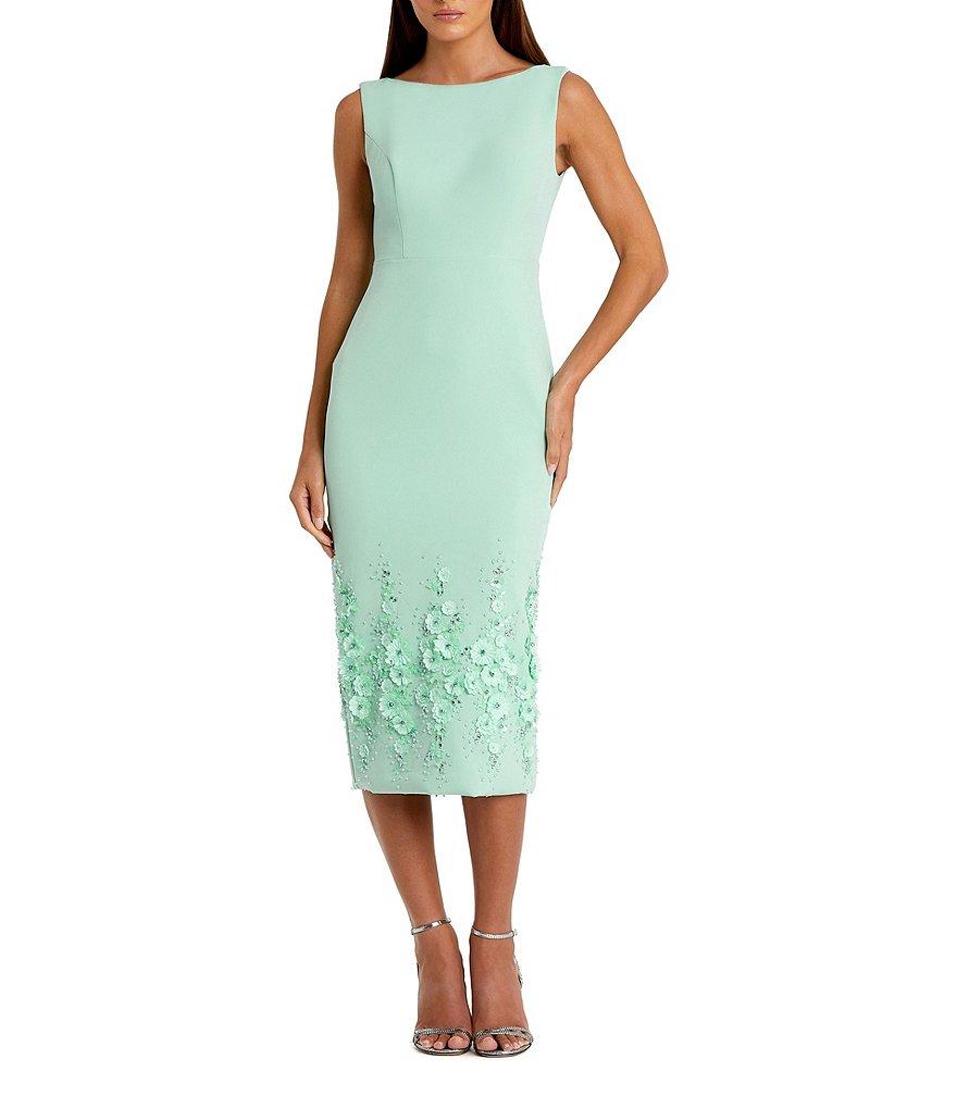Mac Duggal Boat Neck Sleeveless 3D Floral Applique Crepe Sheath Midi Dress Product Image