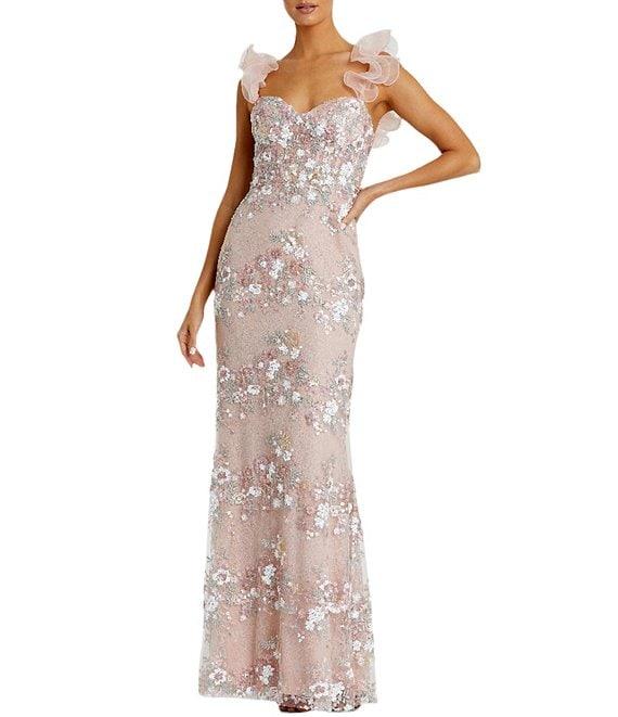 Mac Duggal Sweetheart Neck Ruffle Shoulder Floral Embroidered Column Gown Product Image