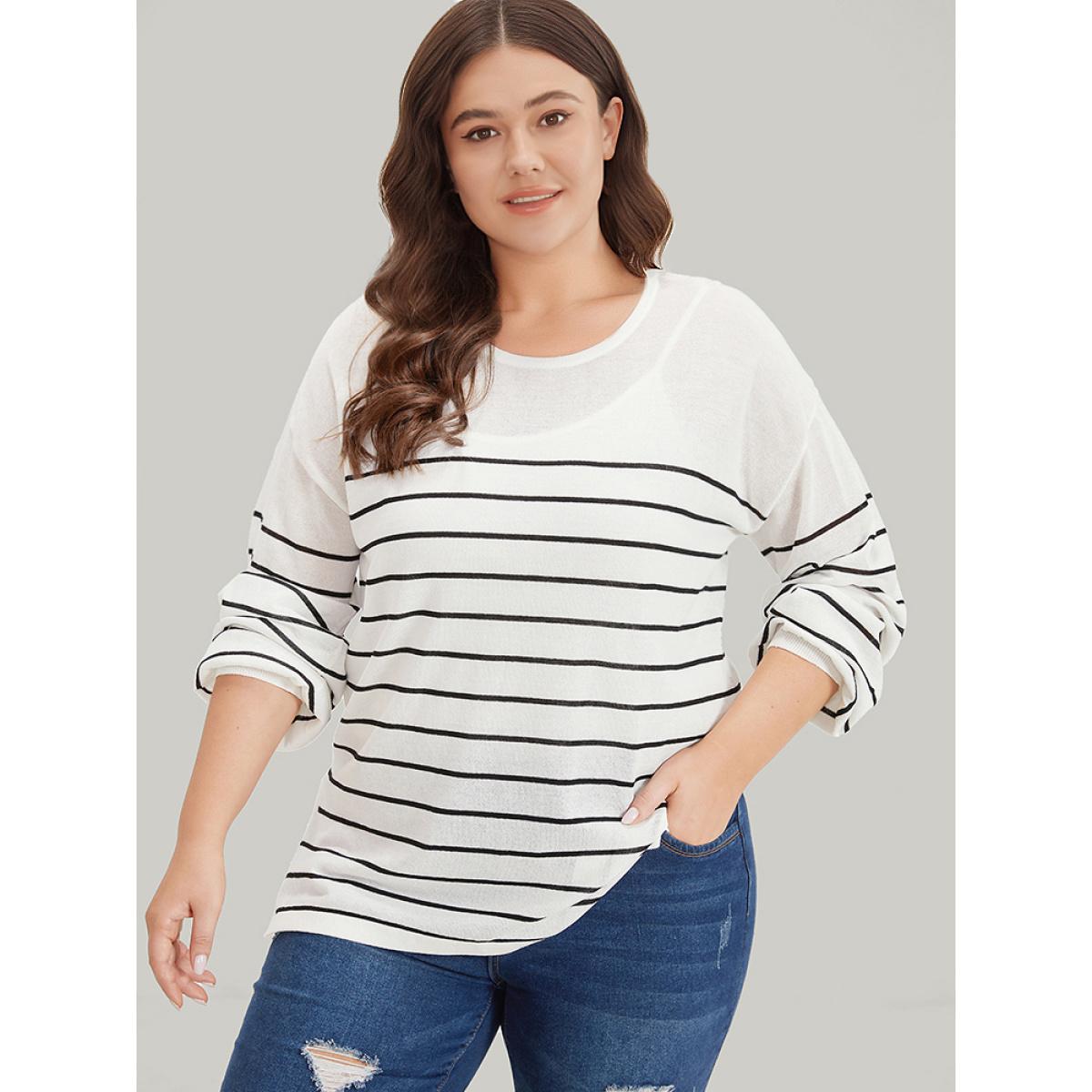 Plus Size Striped Split Side Lightweight Elastic Cuffs Pullover White Women Casual Loose Long Sleeve Round Neck Everyday Pullovers BloomChic 14-16/1X Product Image