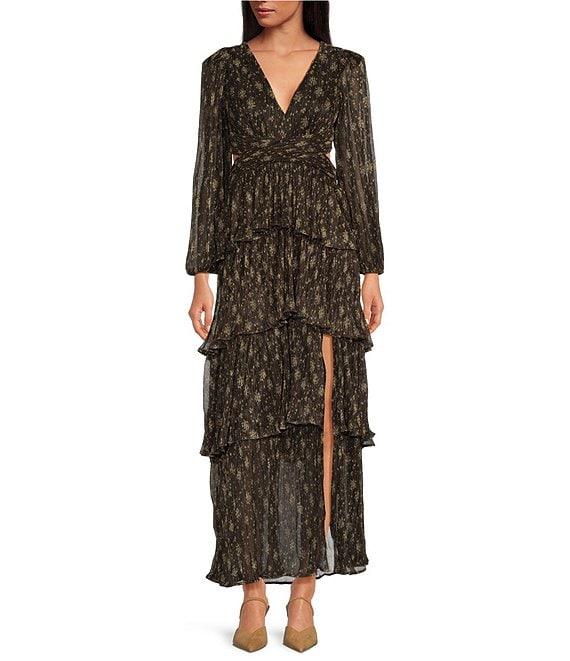 ASTR the Label Anora Floral Print V Neck Long Sleeve Tiered Maxi Dress Product Image