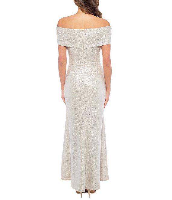 Marina Off-the-Shoulder Short Sleeve Twist Front Metallic Knit Gown Product Image