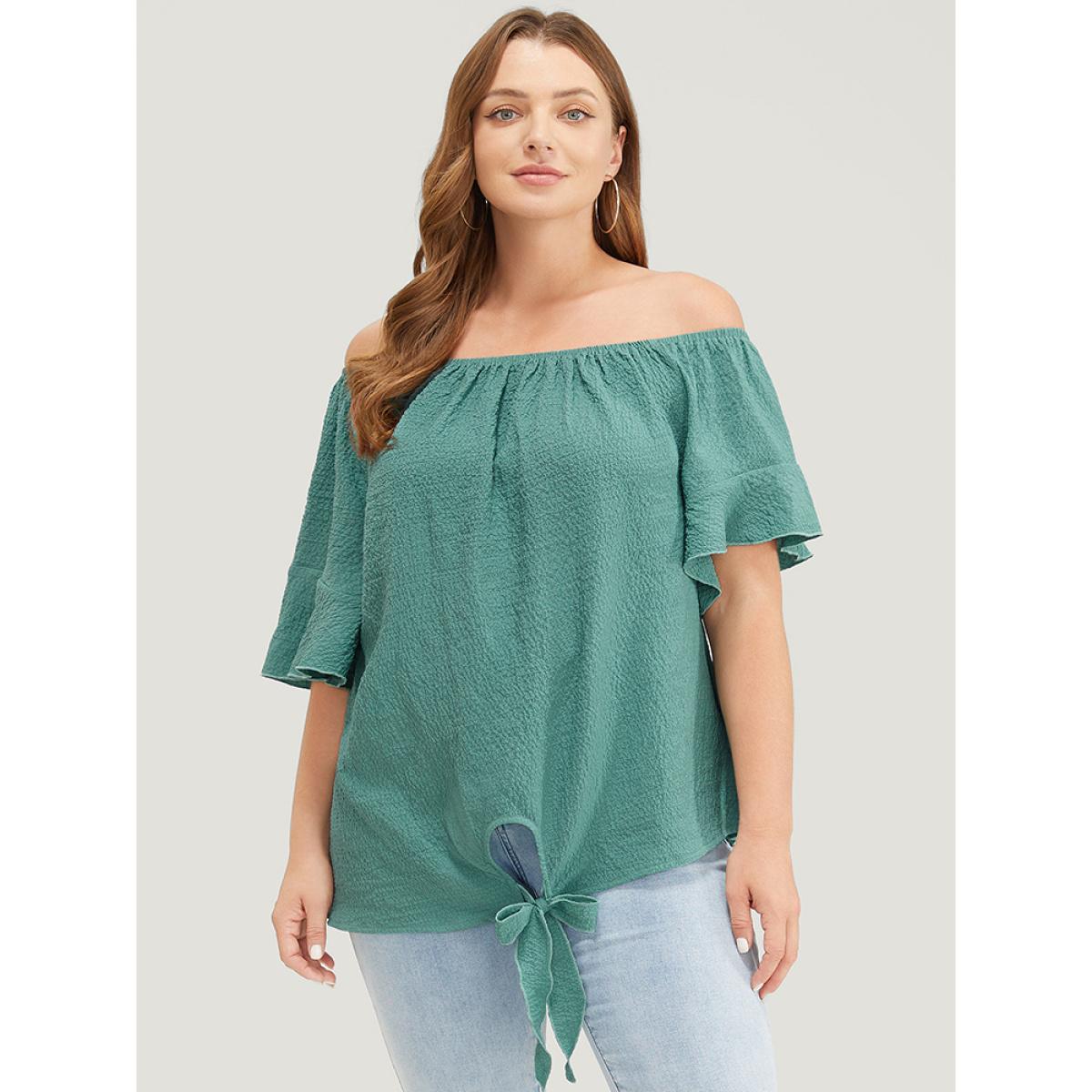 Plus Size Teal Solid Cut Out Knotted Hem Ruffle Sleeve One Shoulder Blouse Women Elegant Short sleeve One Shoulder Dailywear Blouses BloomChic 22-24/3X Product Image