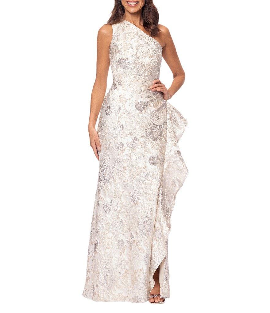 Xscape One Shoulder Cascading Side Ruffle Jacquard Sheath Gown Product Image