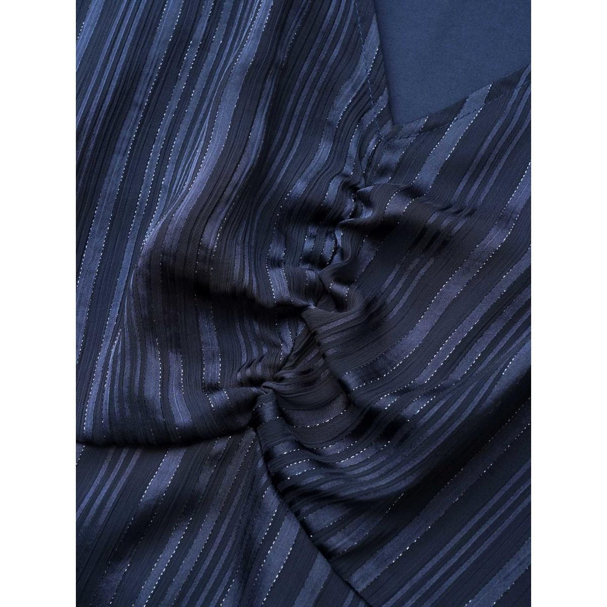 Plus Size Textured Chiffon Mesh Patchwork Ruched Dress Indigo Women At the Office Non V-neck Elbow-length sleeve Curvy Midi Dress BloomChic 14-16/1X Product Image