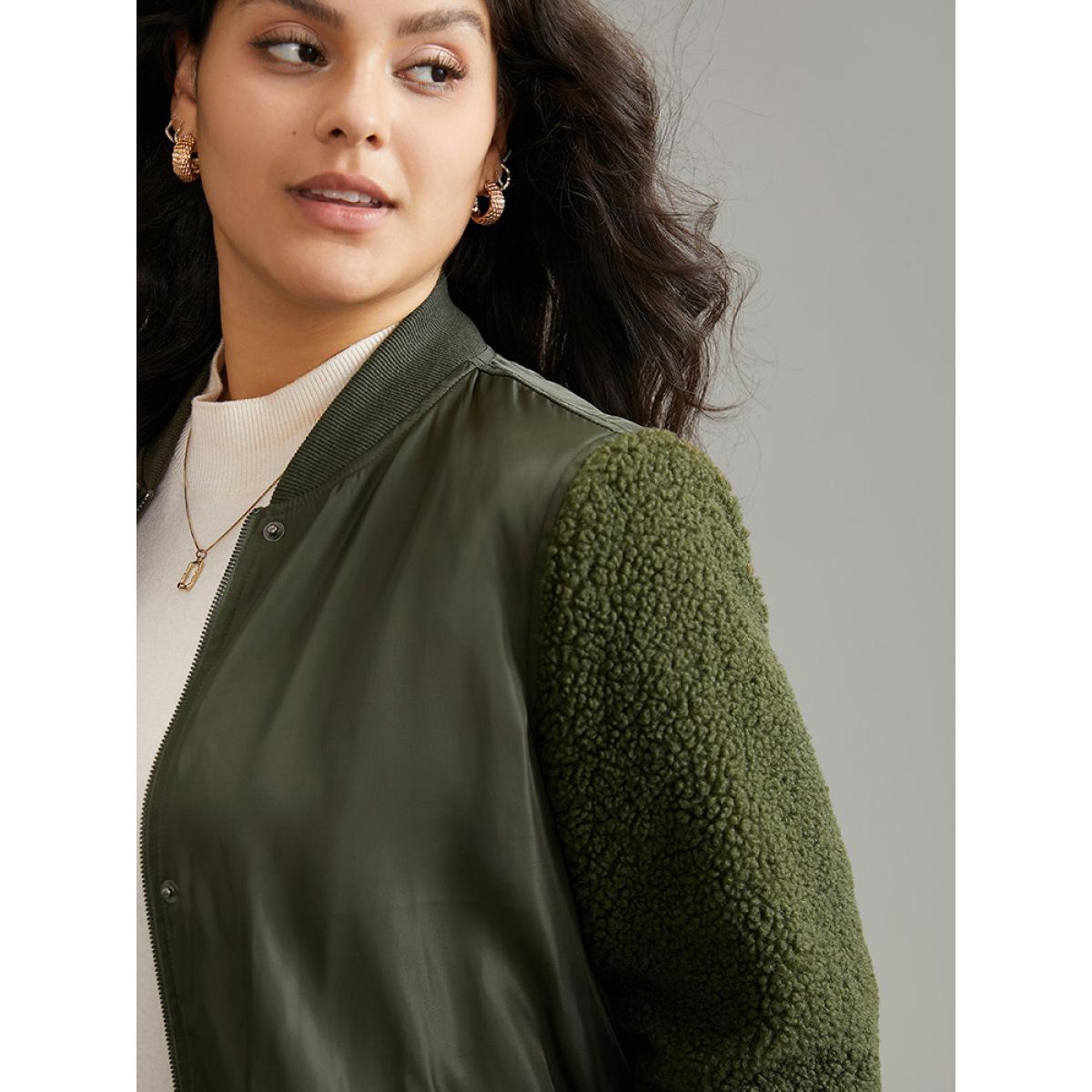 Plus Size Plain Fuzzy Patchwork Zipper Flap Pocket Jacket Women ArmyGreen Rib Knit Pocket Dailywear Jackets BloomChic 18-20/2X Product Image