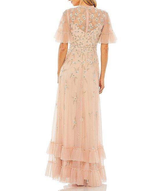 Mac Duggal Ruffled Floral Beaded Illusion Mock Neck Short Flutter Sleeve Gown Product Image
