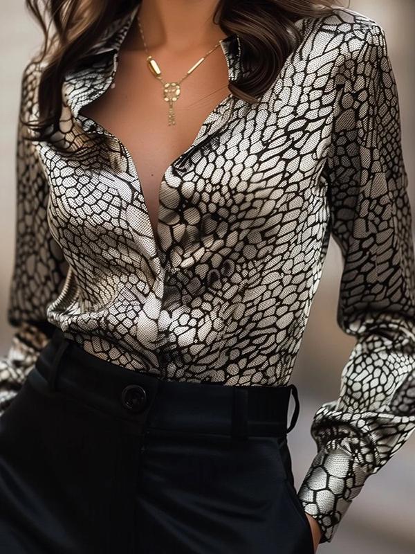 Long Sleeves Loose Buttoned Contrast Color Snakeskin Printed Lapel Blouses&Shirts Tops Product Image