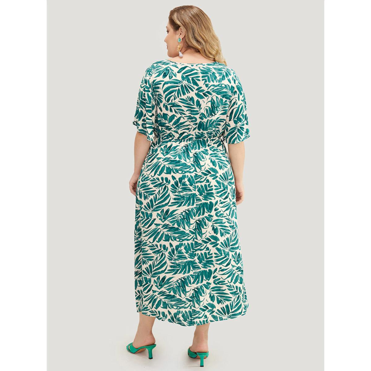 Plus Size Plant Print Flutter Sleeve Button Detail Pocket Dress Green Women Vacation Elastic Waist V-neck Short sleeve Curvy Midi Dress BloomChic 12/L Product Image