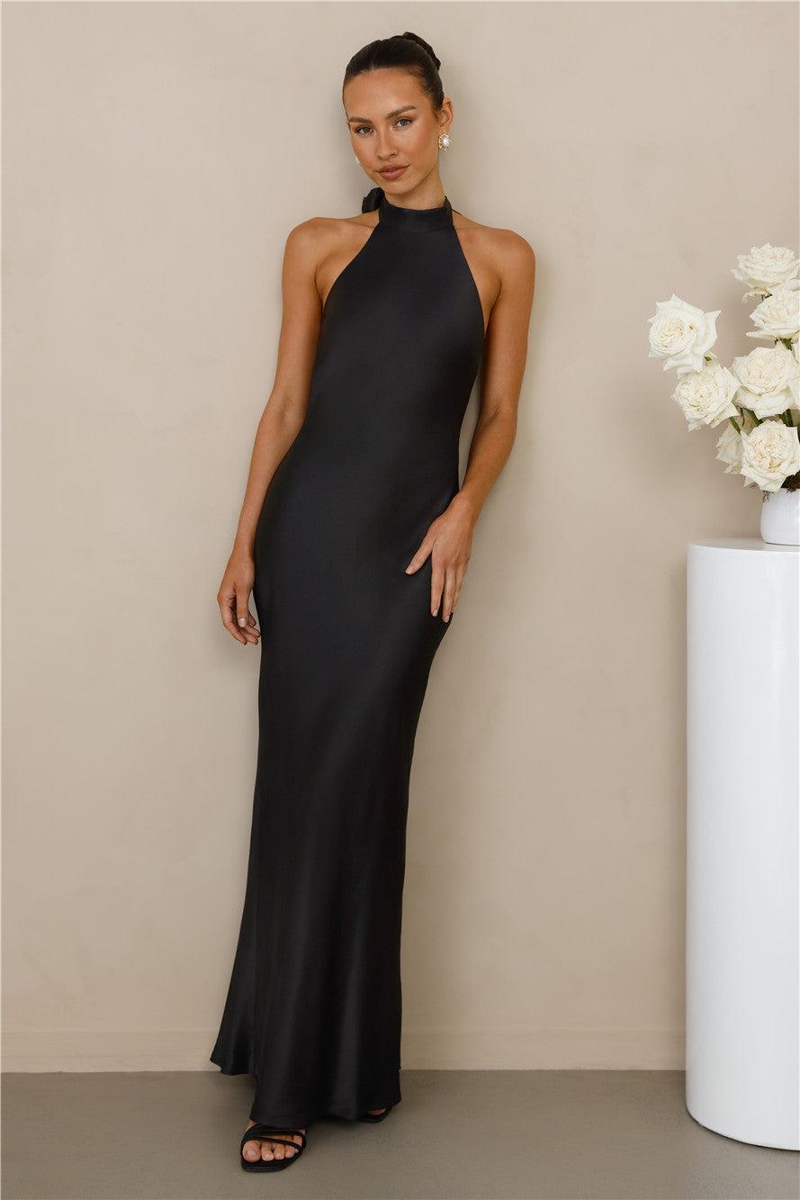 The Cleo Halter Satin Maxi Dress Black Product Image