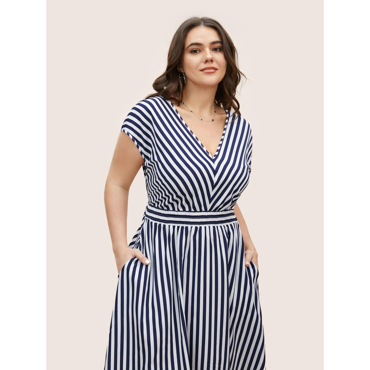 Plus Size Striped Shirred Dolman Sleeve Dress Navy Women At the Office V-neck Cap Sleeve Curvy BloomChic 22-24/3X Product Image