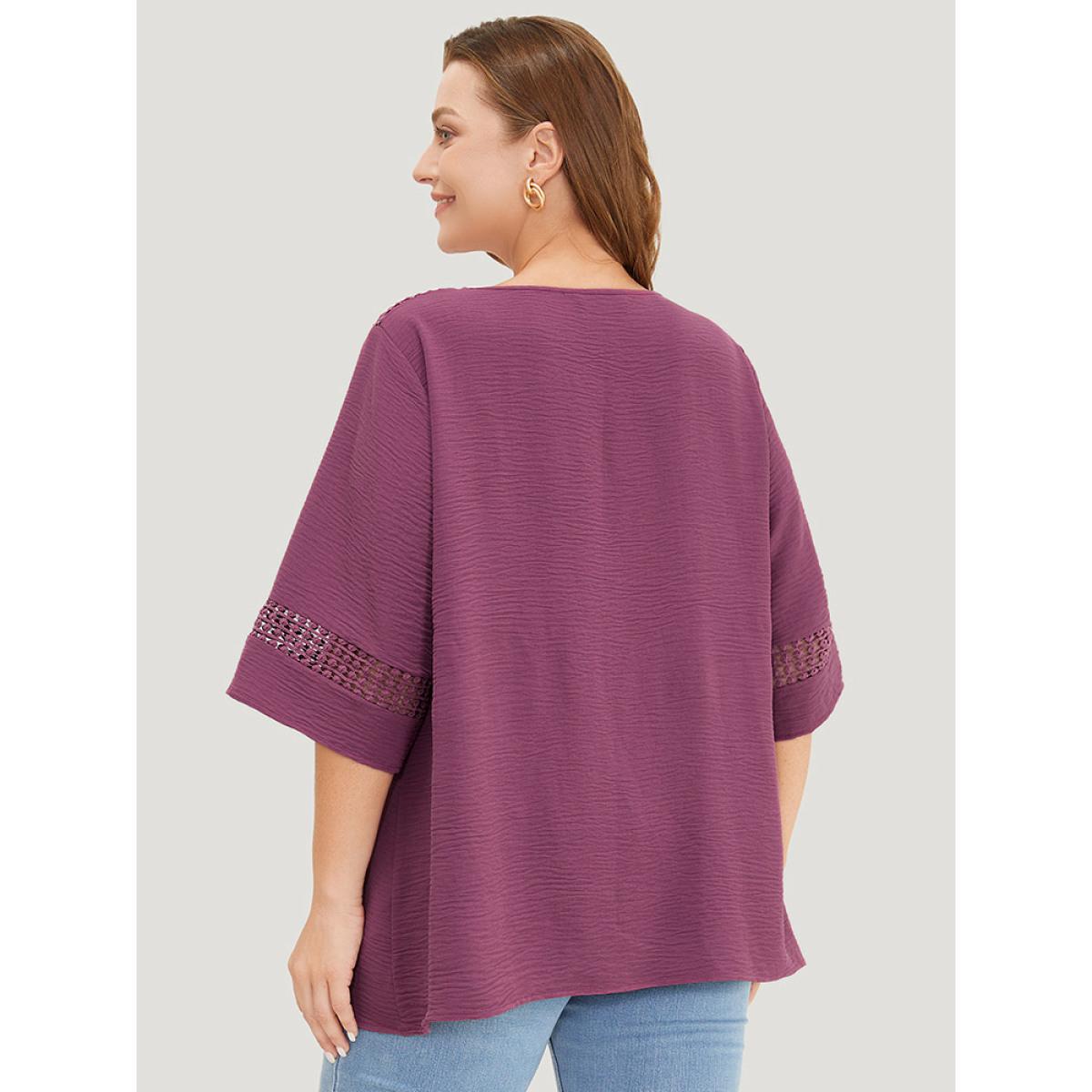 Plus Size Mauve Solid Gathered Lace Patchwork Blouse Women Elegant Elbow-length sleeve Round Neck Dailywear Blouses BloomChic 28/5X Product Image