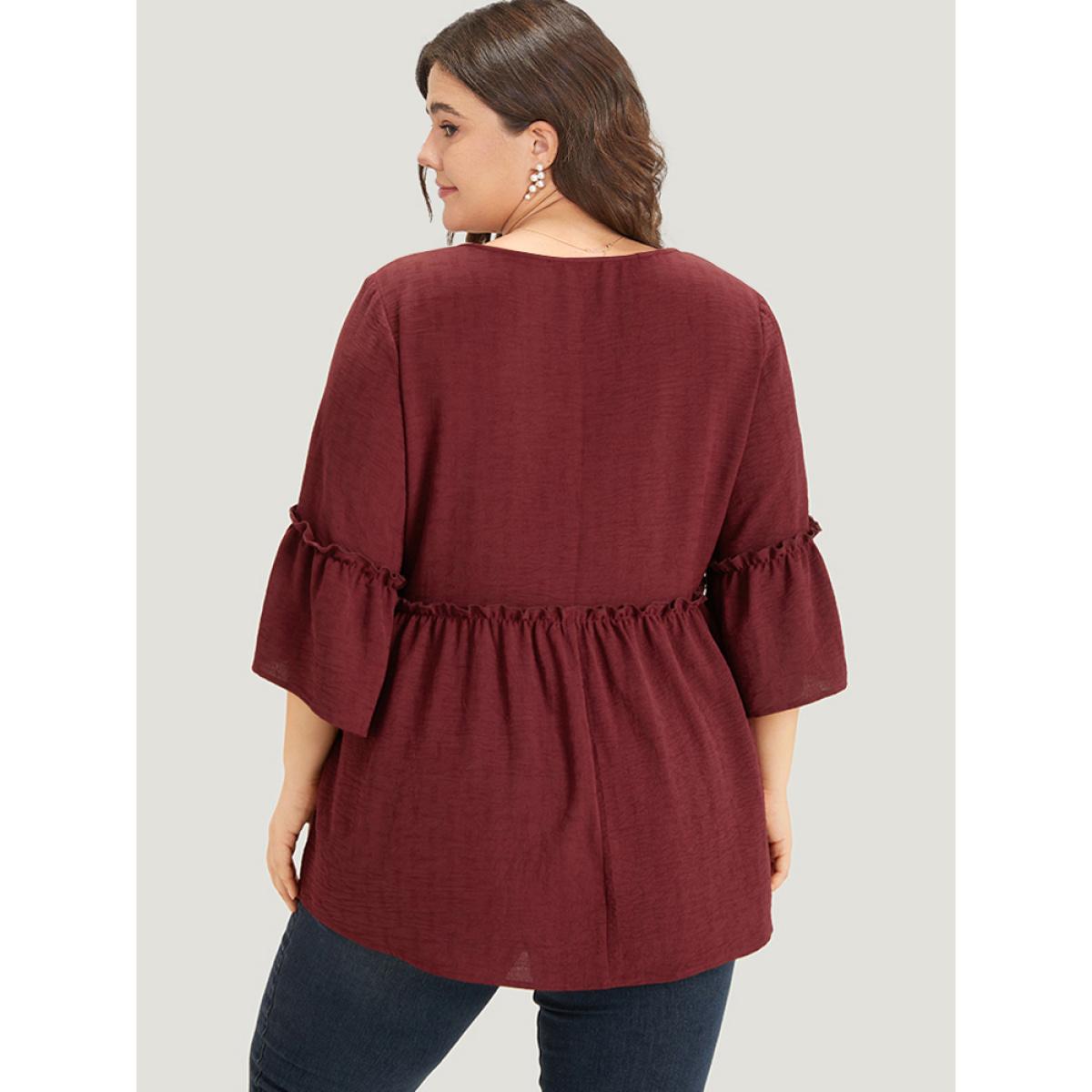 Plus Size Scarlet Plain V Neck Frill Trim Tassel Bell Hem Blouse Women Vacation Elbow-length sleeve V-neck Dailywear Blouses BloomChic 22-24/3X Product Image