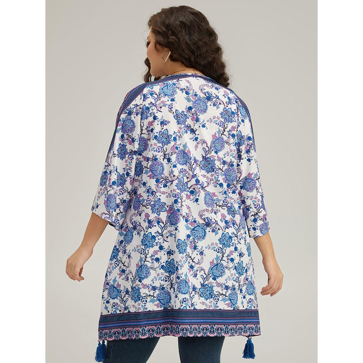 Plus Size Floral Print Tassels Trim Split Side Kimono Women Cerulean Casual Drape Pocket Dailywear Kimonos BloomChic 26/4X Product Image