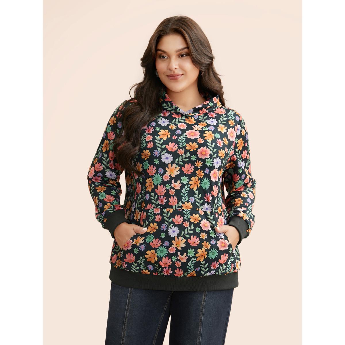 Plus Size Floral Patchwork Pocket Hooded Sweatshirt Women Multicolor Casual Contrast Hooded Everyday Sweatshirts BloomChic 22-24/3X Product Image