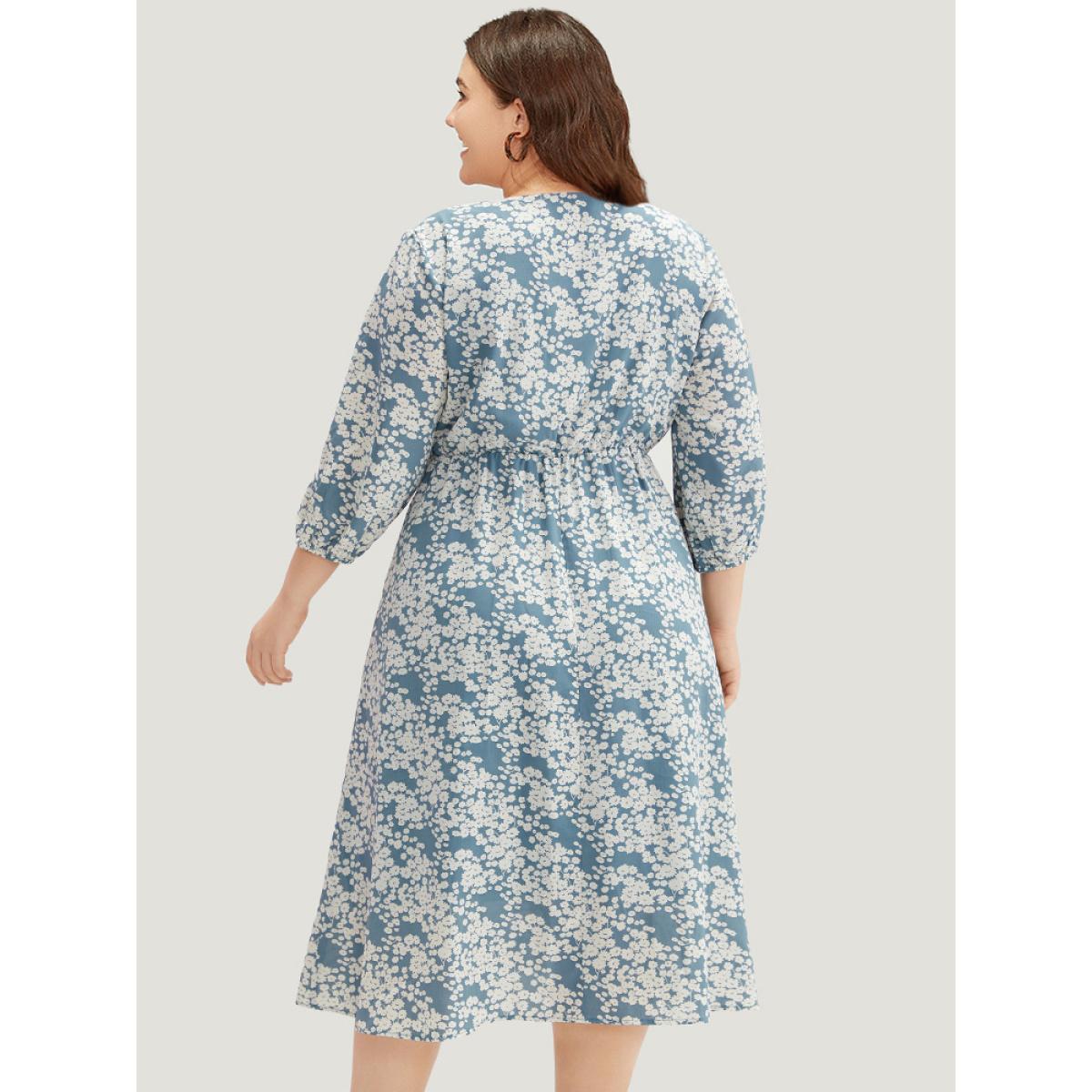 Plus Size Ditsy Floral Pleated Detail Lantern Sleeve Dress LightBlue Women Elegant Elastic cuffs V-neck Elbow-length sleeve Curvy Midi Dress BloomChic 30/6X Product Image