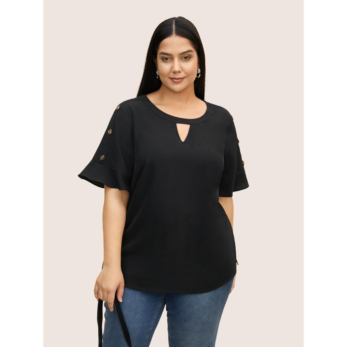 Plus Size Black Solid Cut Out Ruffles Button Detail Blouse Women Work From Home Short sleeve Round Neck Work Blouses BloomChic 22-24/3X Product Image