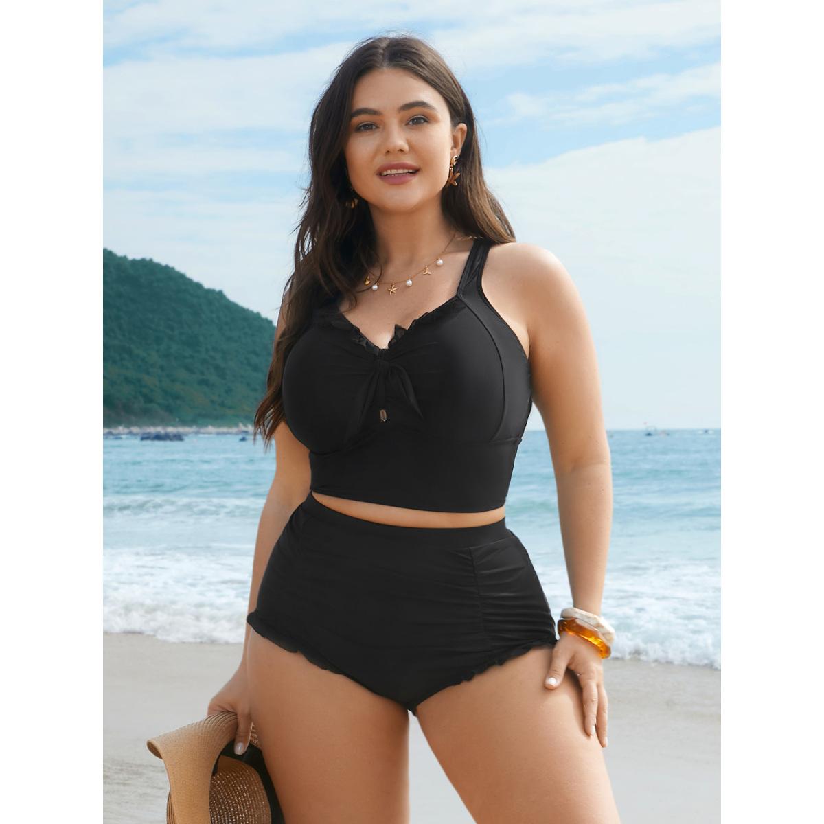 Plus Size Ruched Mesh Seamed Ruffle Trim Swim Bottoms Women's Swimwear Black Resort Gathered High stretch Skinny High Rise Curve Swim Bottoms BloomChic 26/4X Product Image
