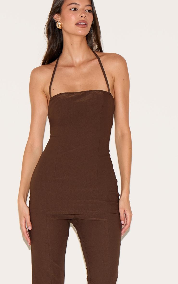 Chocolate Woven Thin Halter Overlay Detail Jumpsuit Product Image