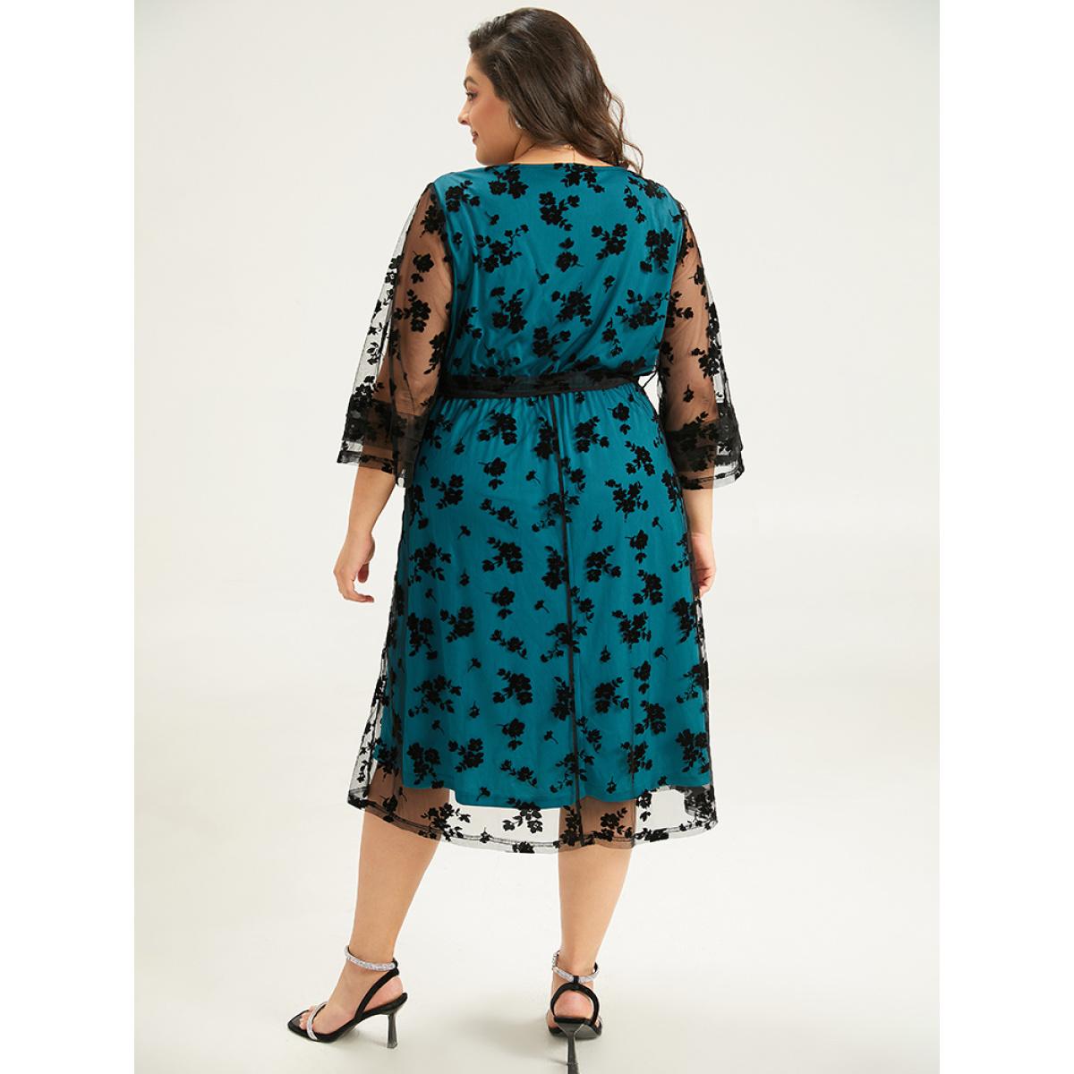 Plus Size Flocking Floral Crochet Lace Mesh Belted Dress Black Women Glamour Wrap Overlap Collar Elbow-length sleeve Curvy Midi Dress BloomChic 12/L Product Image