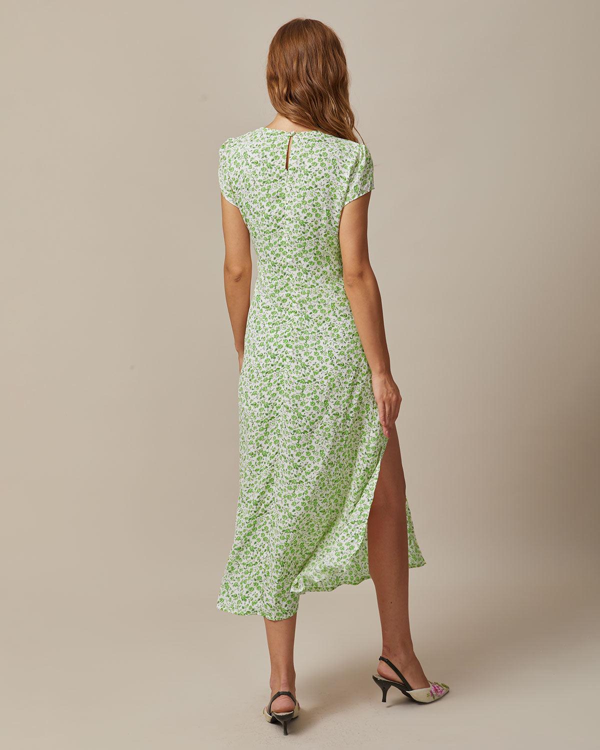 Green Round Neck Floral Midi Dress Product Image