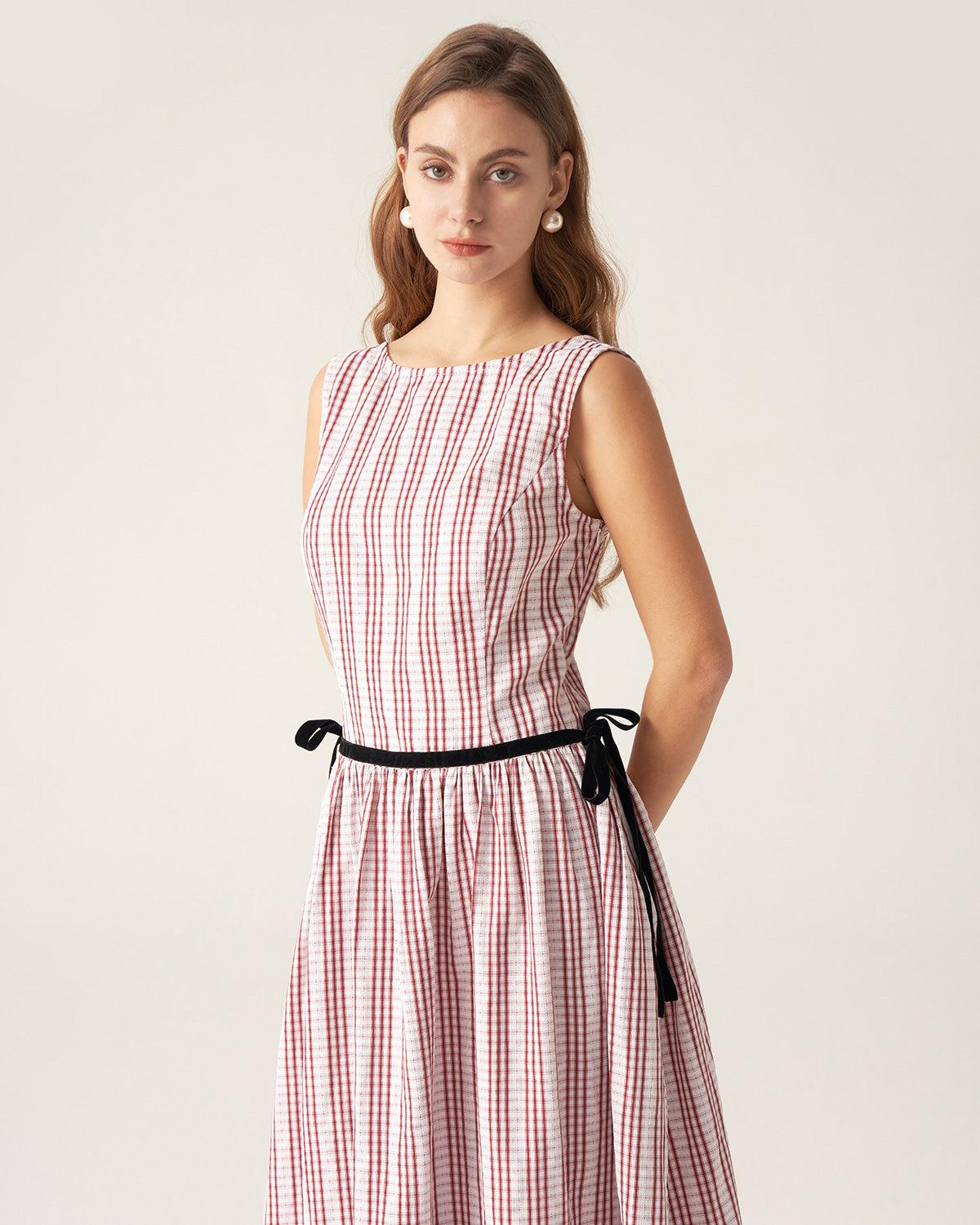 Red Plaid Boat Neck Midi Dress Product Image