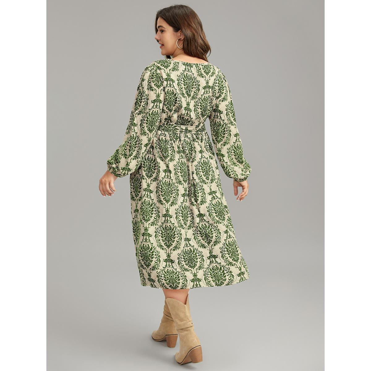 Plus Size Supersoft Essentials Boho Print Elastic Waist Belted Dress Green Women Vacation Elastic cuffs Overlap Collar Long Sleeve Curvy Midi Dress BloomChic 28/5X Product Image