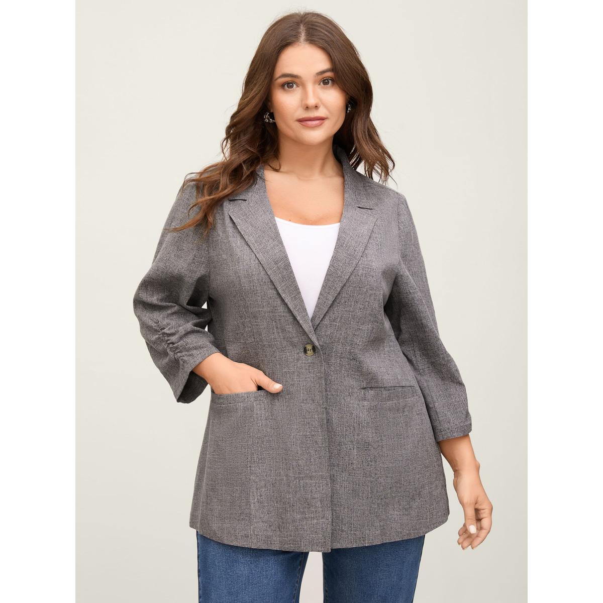 Plus Size Waist-Defining Panels Pockets Solid Blazer Black Women Office Gathered Sleeve Three Quarter Length Sleeve Suit Collar 22-24/3X Slanted pocket Office Blazers BloomChic Product Image