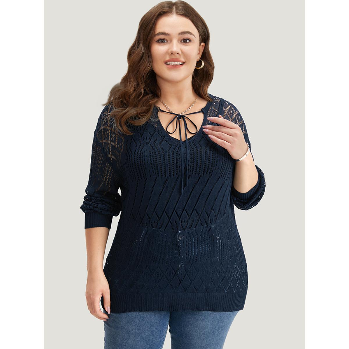 Plus Size Plain Geometric Hollow Out Knot Neck Pullover Indigo Women Casual Long Sleeve V-neck Everyday Pullovers BloomChic 10/M Product Image