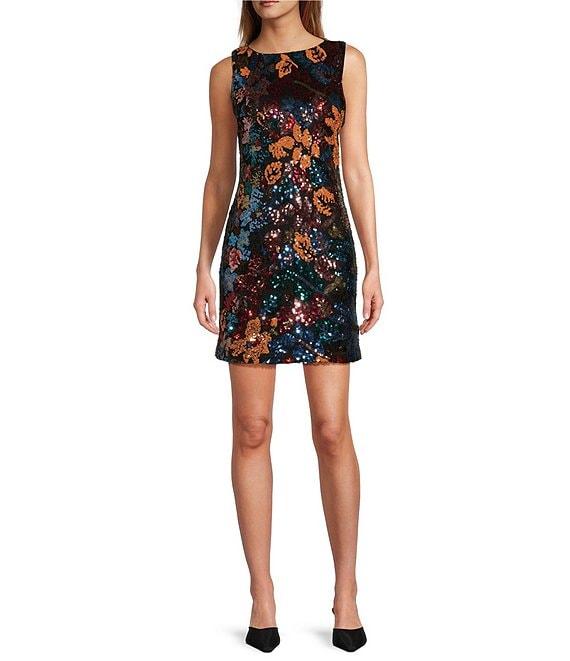 Skies Are Blue Sequin Floral Print Crew Neck Sleeveless Mini Dress Product Image