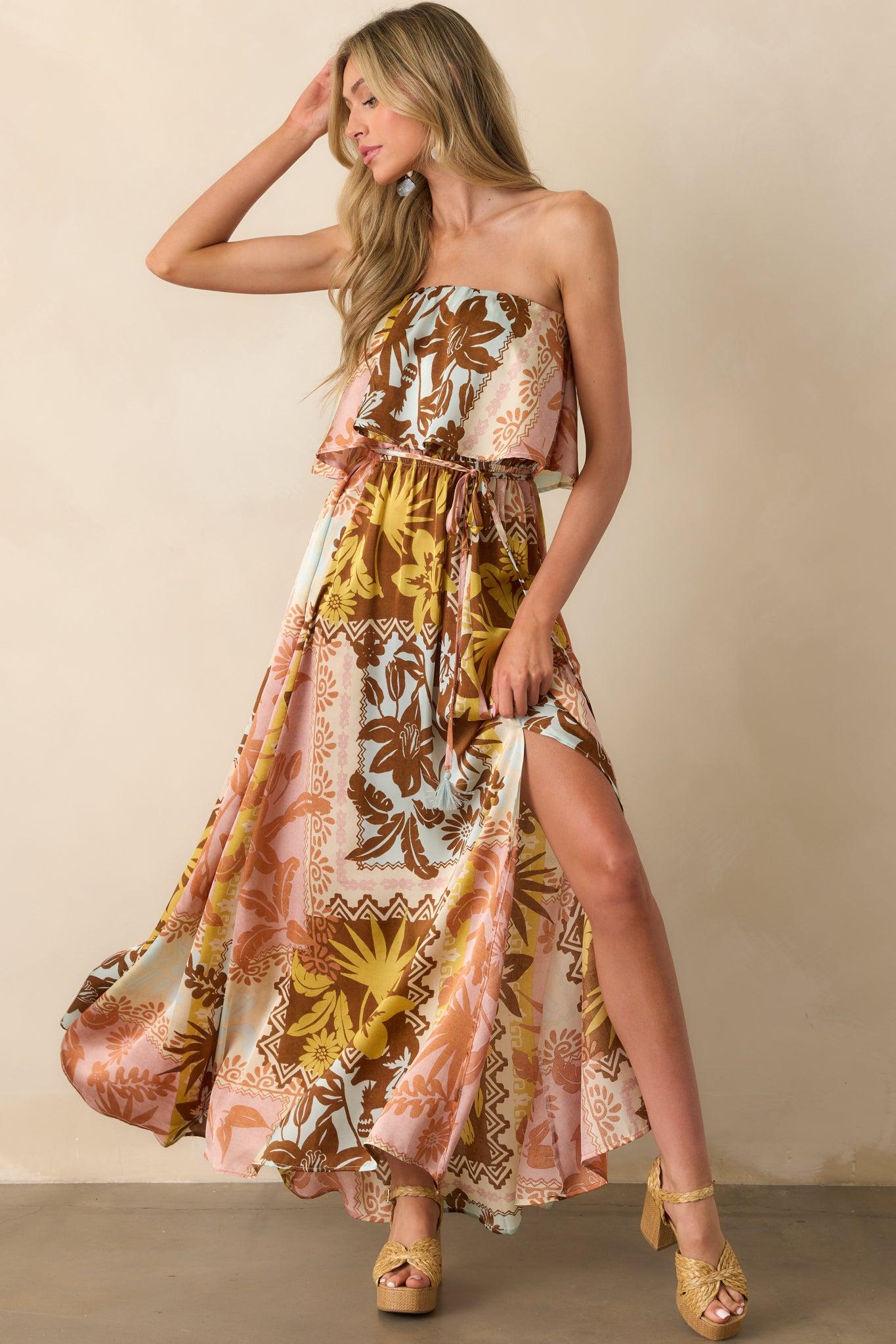 All Of The Time Pink Coral Patchwork Print Strapless Maxi Dress Product Image