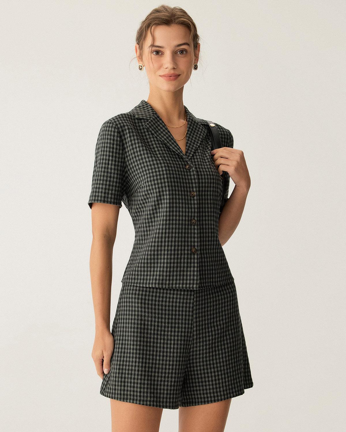 Grey High Waisted Plaid Shorts Product Image