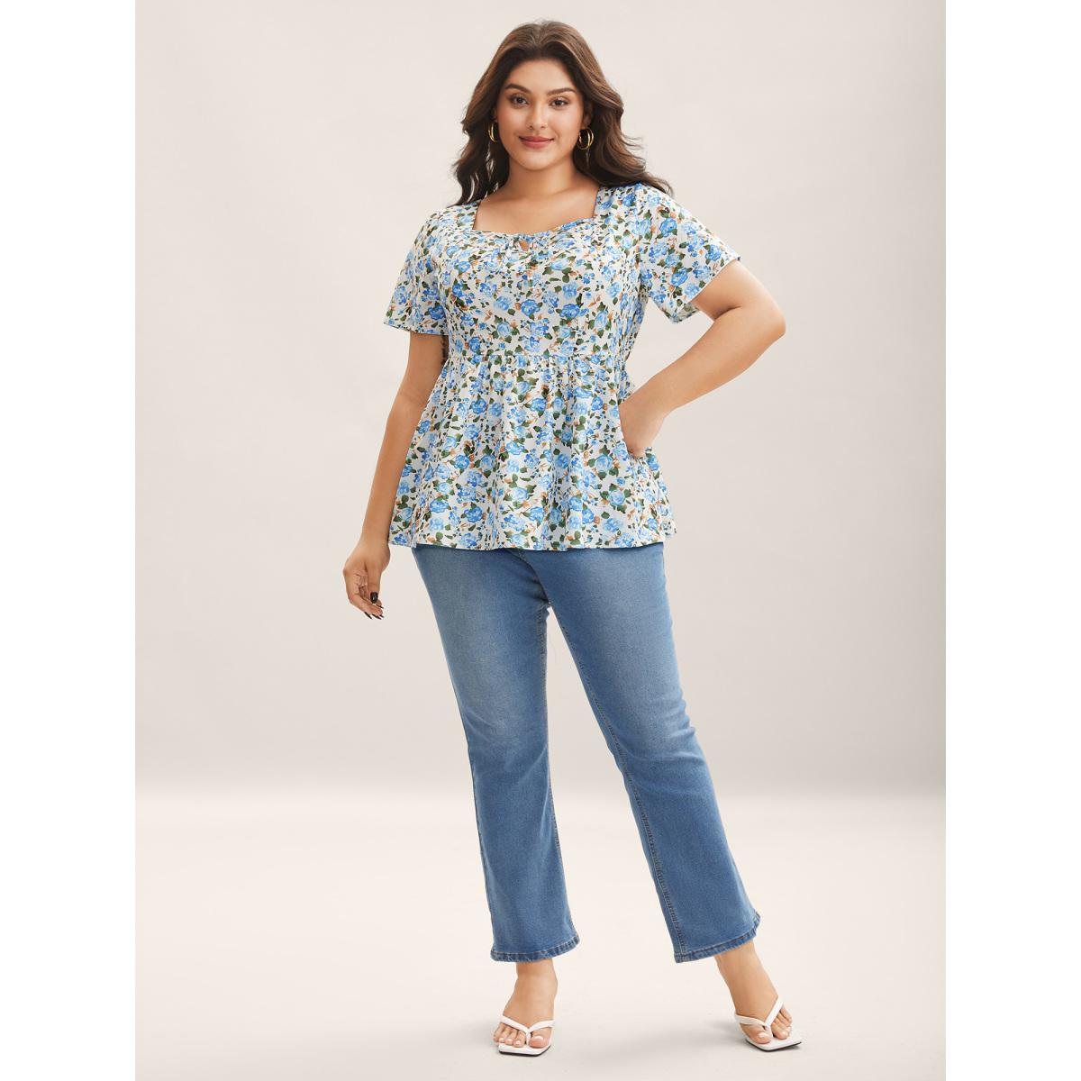 Plus Size Multicolor Floral Print Square Neck Babydoll Top Women Short sleeve Heart neckline Everyday-Elegant Blouses BloomChic 18-20/2X Product Image
