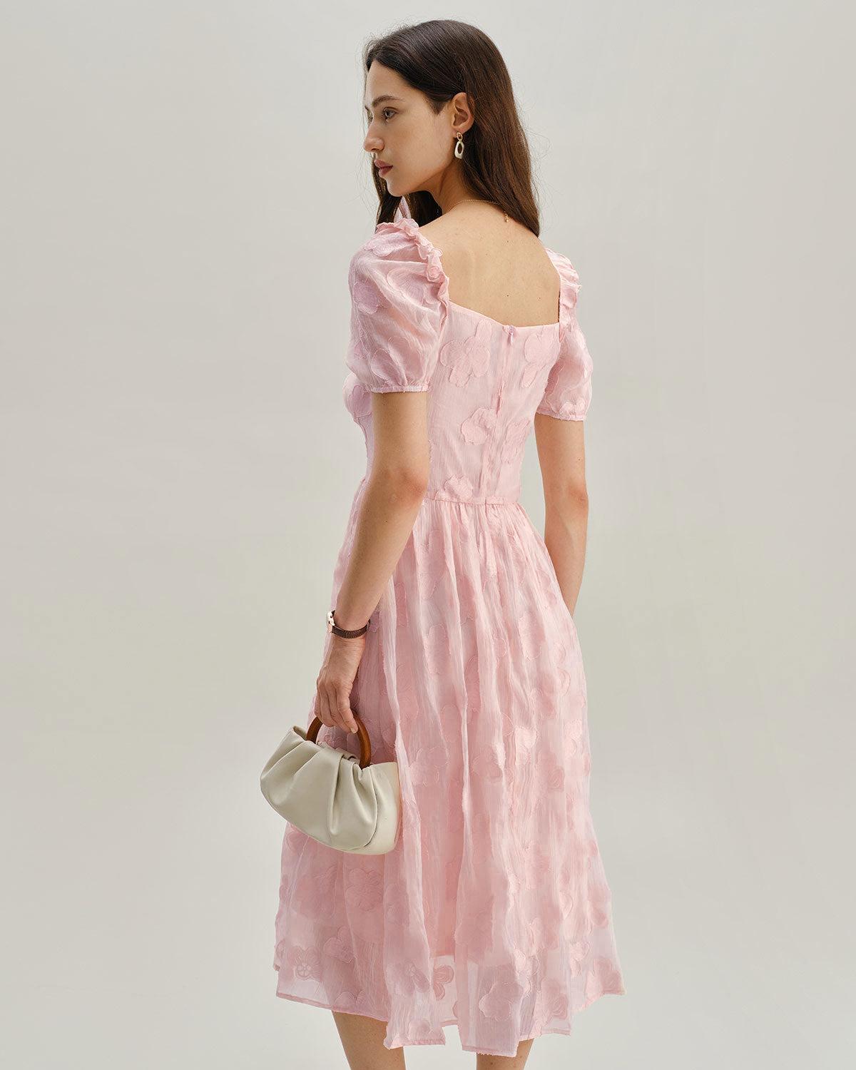 Pink Square Neck Puffed Sleeve Midi Dress Product Image