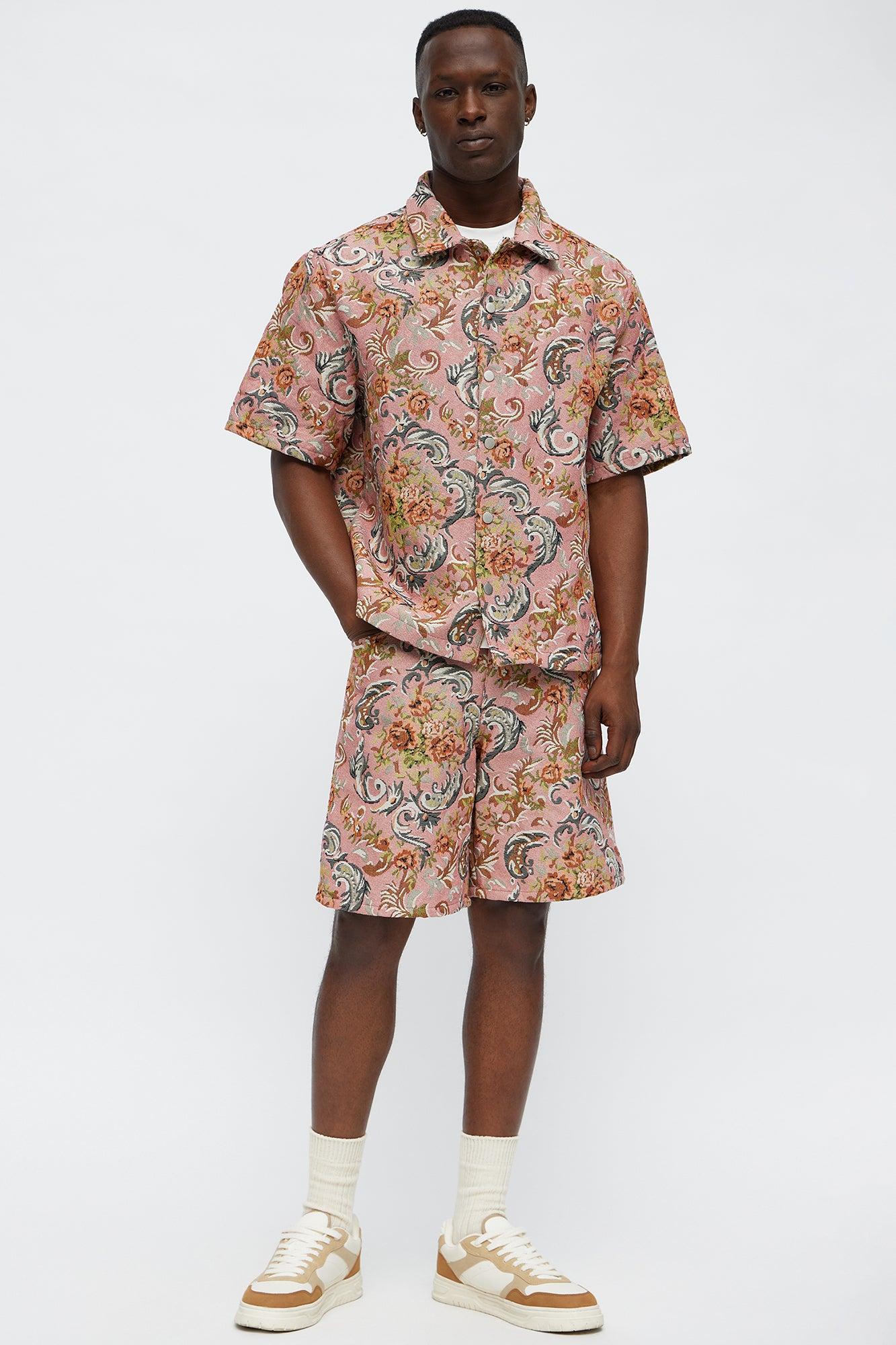 Rose Pattern Tapestry Closed Collar Button Up Shirt - Pink/combo Male Product Image