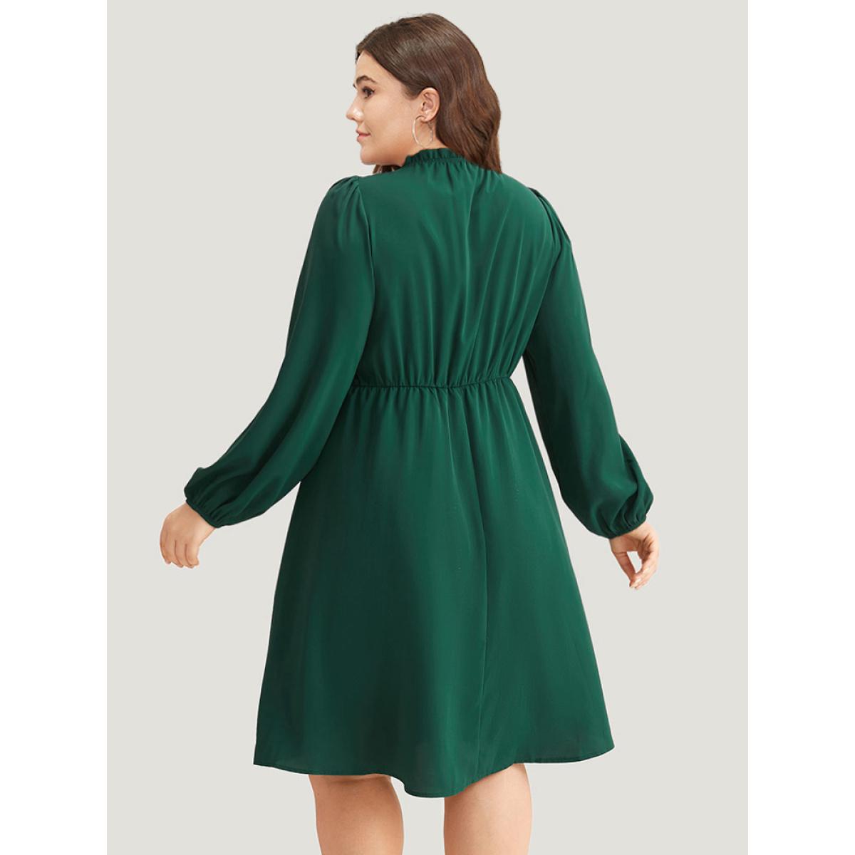 Plus Size Anti-Wrinkle Frill Trim Elastic Cuffs Dress DarkGreen Women Office Elastic cuffs Mock Neck Long Sleeve Curvy Midi Dress BloomChic 10/M Product Image