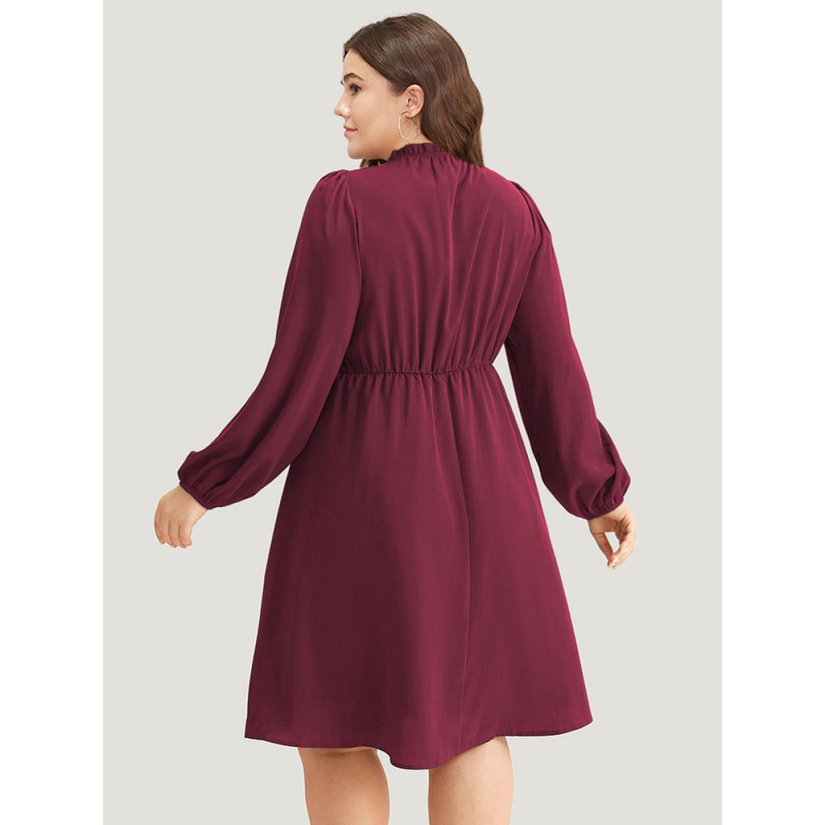 Plus Size Anti-Wrinkle Frill Trim Elastic Cuffs Dress DarkGreen Women Office Elastic cuffs Mock Neck Long Sleeve Curvy Midi Dress BloomChic 10/M Product Image