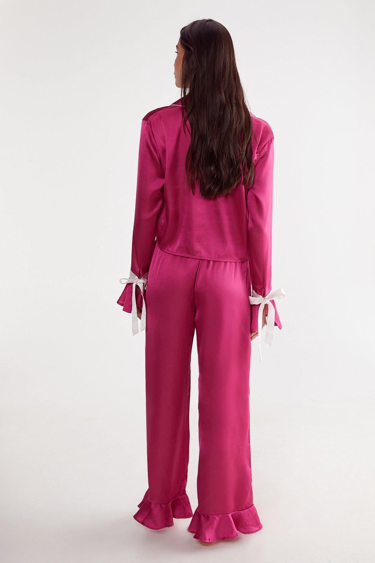 Satin Contrast Velvet Tie Cuff Pajama Shirt and Pants Set Product Image