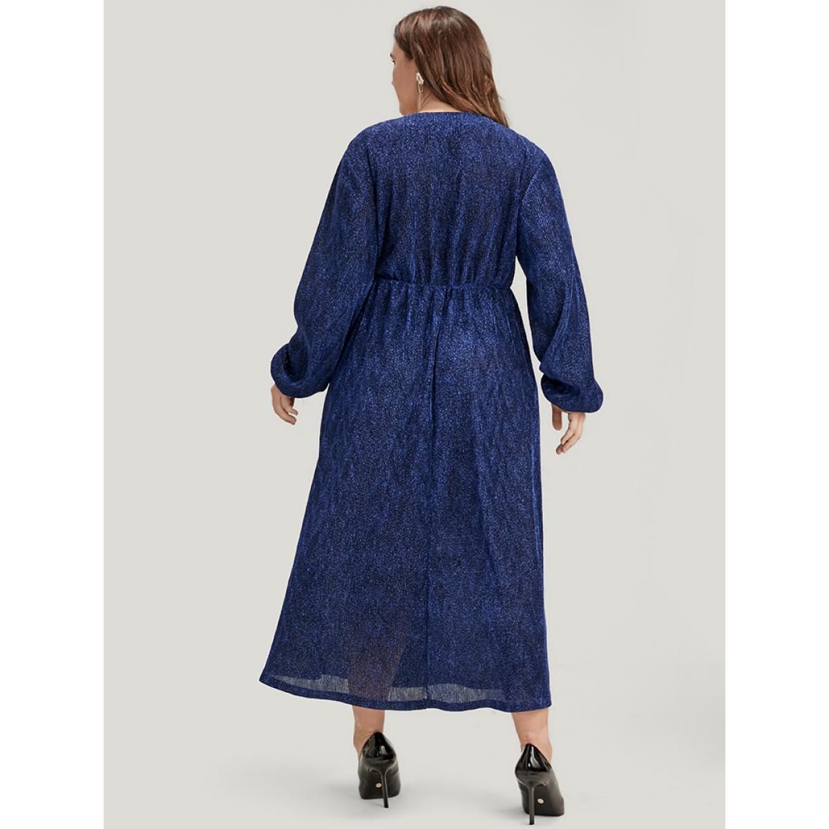 Plus Size Solid Lantern Sleeve Sequin Split Hem Dress DarkBlue Women Party Elastic Waist V-neck Long Sleeve Curvy Midi Dress BloomChic 22-24/3X Product Image